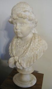 Antique Carved Alabaster Bust Statue Young French Italian Girl Lace Jewelry 16 