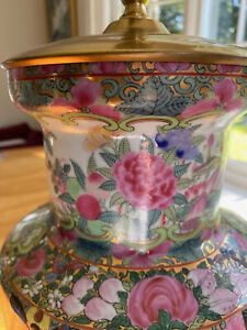 Chinese Asian Porcelain Vase Lamp Rose Medallion Gilt Flowers Birds Butterflies 