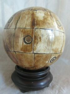 Vintage Antique Inlaid Brass Bone Bovine Carpet Ball With Rose Wood Stand 4 1 2 