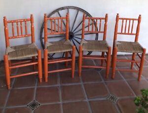 Monterey Spanish Mexican Revival Style Rare Painted Hand Woven Antique 4 Chairs