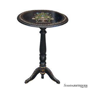 Antique French Victorian Ebonised Tilt Top Round Table W Mother Of Pearl Inlay