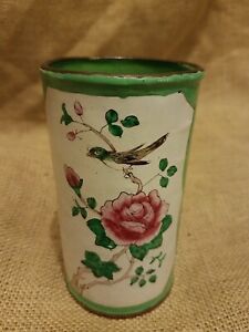 Beautiful Vintage Chinese Famille Rose Green Enamel Birds Flowers Brush Pot