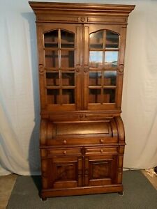 Antique Victorian Burled Walnut Cylinder Desk Bookcase Secretary