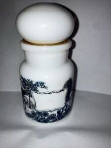 Vintage Milk Glass Apothecary Jar Horse Scene Belgium Pharmacy Lidded No Defec