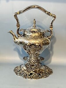 American Sterling Silver Kettle On Stand With Burner Circa 1910 Pierced Flower