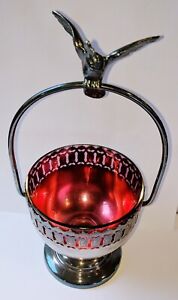 Great Early 20th C Wmf Art Nouveau Silverplate Sugar Basket Original Ruby Glass