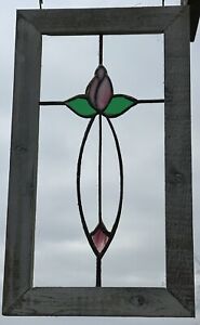 Mission Style Framed Stained Glass Window Pink Green Flower Pink Stem