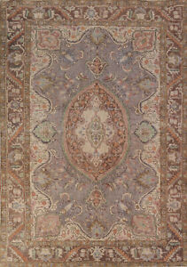 Vintage Over Dyed Gray Wool Medallion Tebriz Traditional Hand Made Area Rug 7x9