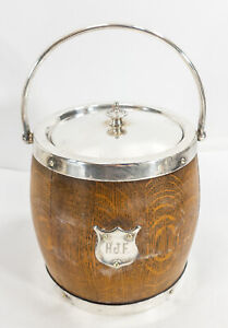 Antique English Oak And Silverplate Ice Bucket Cookie Jar