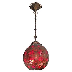 Vintage Islamic Red Leaded Glass And Bronze Lantern Chandelier