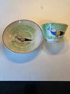 Antique Green Spatterware Peafowl Cup Saucer