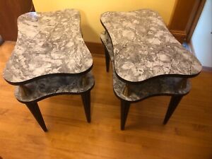 Pair Of Mcm End Tables With Formica Marble Pattern Two Tiered Tops Fluted Legs