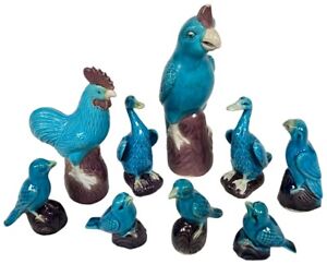 Lot 9 Chinese Chinoiserie Turquoise Porcelain Figures Parrot Rooster Duck Bird