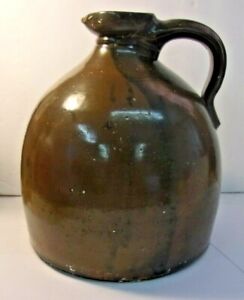 Antique Brown Glazed Stoneware Crock Jug With Handle And Spout Unmarked