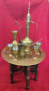 Antique Mideast Folding Brass Tray Table Coffee Tea Table Set