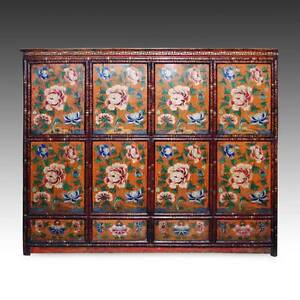 Rare Antique Cabinet Painted Pine Wood Tibet Chinese Furniture 19th C 