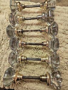 Antique Vintage Three Sets 8 Point Crystal Glass Brass Door Knobs Polished