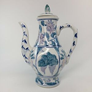 Oriental Coffee Teapot Blue White Porcelain Flower Grape Cluster 9 Tall