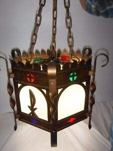 Antique Catholic Church Gothic Stained Glass Hanging Light Fixture Christian