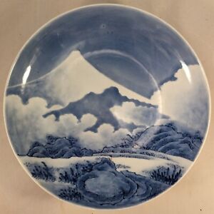 Antique Japanese Blue White Nabeshima Porcelain Plate Mt Fuji Japan 8 3 8 