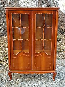 French Vintage Country Provincial Double Door Footed Curio Display Cabinet