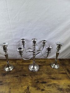Vintage Sheffield Silver Plate Five Branch Candelabra Made In Italy 3pc Set