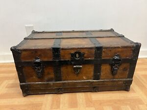 Vintage Wood Steamer Trunk Chest Coffee Table Storage Box Antique Brown Wooden
