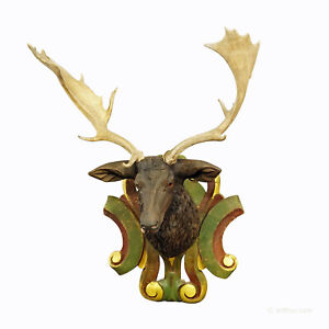 Huge Black Forest Carved Fallow Deer Head With Large Antlers Ca 1890