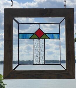 Mission Style Framed Stained Glass Window Red Green Blue Textured Clear