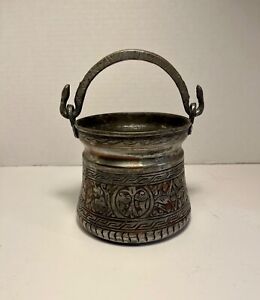 Antique Turkish Hand Hammered Silver Over Copper Cauldron With Iron Snake Handle