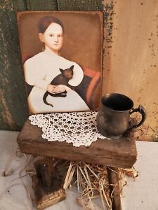 Primitive Victorian Vintage Folk Art Style Girl With Black Cat Portrait Canvas