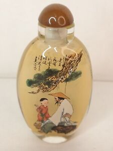Snuff Bottle With Lid Glass Reverse Painted Style Unknown Age