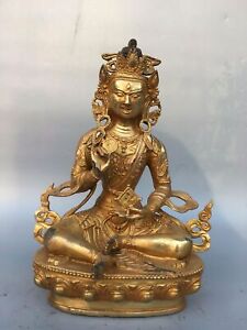 12 4 Antique Old Temple Tibetan Buddhism Bronze Gilt Green Tara Statue