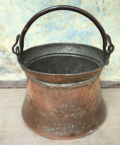 Antique Hammered Copper Cauldron Cooking Pot Bucket Planter With Bail Handle