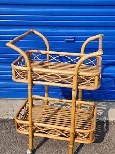 Vintage Rattan Bar Cart On Old Casters Circa 1950s D1