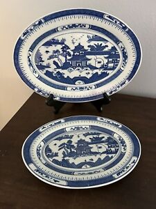 2 Blue White Chinese Canton Platters