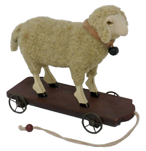Folk Art Style Child S Lamb Sheep Rolling Pull Toy Iron Wheels And Wood Cart