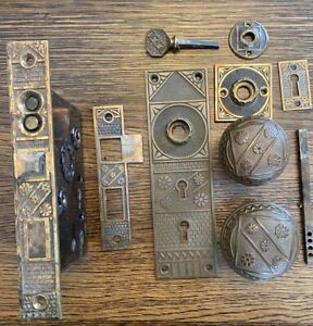 Antique F C Linde Mortise Door Knobs Double Key Backplate Complete Entry Set