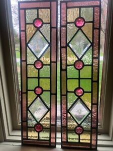 Great Small Pair Jewel And Bevel Stained Glass Windows