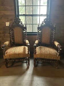 A Pair Of Antique French Renaissance Style Carved Arm Chairs