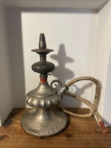 18th 19th Century Silvered Bronze Engraved Hookah Indian Coins On Bottom