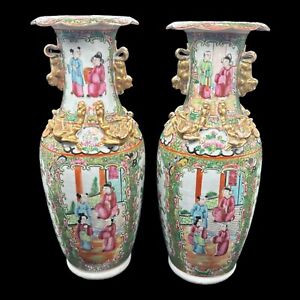 19th Century Chinese Cantonese Rose Medallion Pair Vases Shi Shi Salamander 