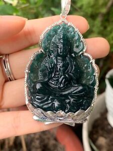 Icy Blue Jadeite Jade Hand Carved Guan Yin Buddha Pendant Necklace Jade Pendant