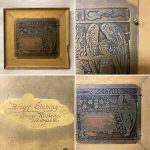 Antique George Rutledge Brass Etching Greeting Arts Crafts Framed
