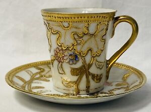 Antique Fine China Made In Japan Heavy Gold Demitasse Teacup Saucer Set Beaded