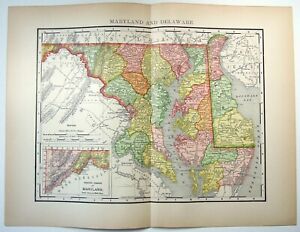 Maryland Delaware Original 1895 Map By Rand Mcnally Antique