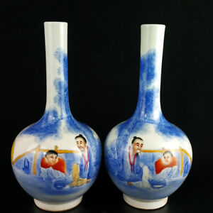 A Pair Chinese Blue White Porcelain Handpainted Exquisite Figure Vases 15557