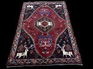 Rein Deer Design Hand Spun Wool Qashqai Handmade Shira Z Tribal Red Blue 4x5 Rug