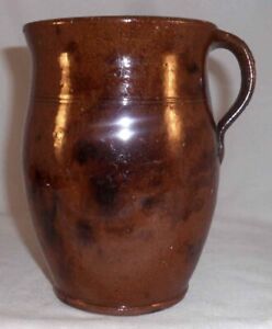 Beautiful Antique Pennsylvania Mottled Glazed Redware Honey Jar W Strap Handle