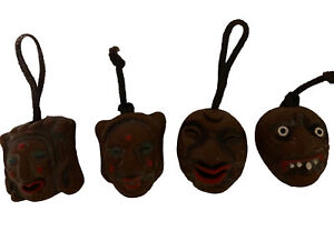Japanese Miniature Vintage Wood Masks Set Of 4 Stamped Authentic